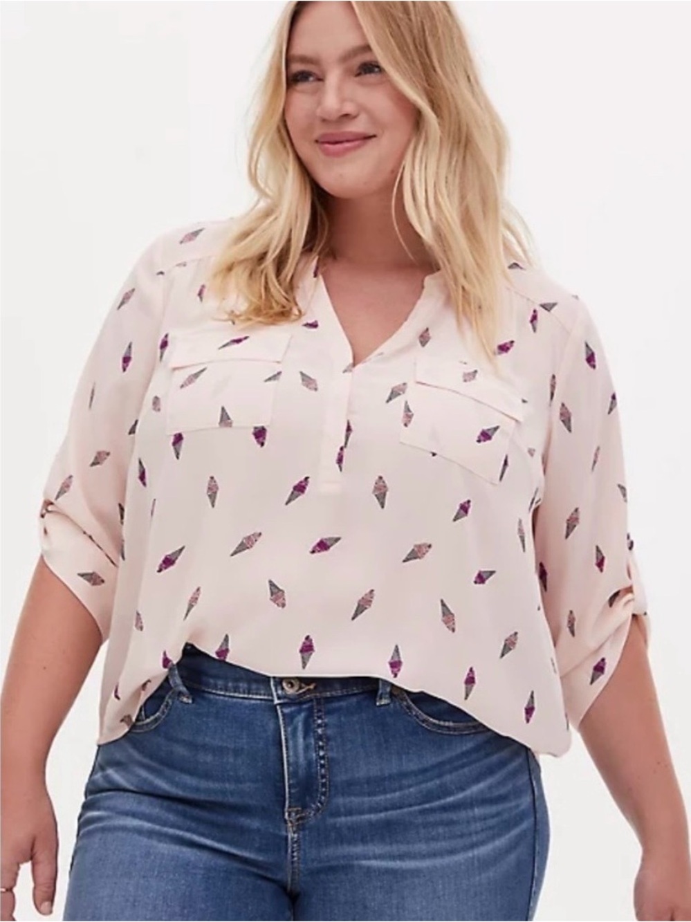 torrid Harper Pale Pink Printed V-Neck Blouse with Purple Accents